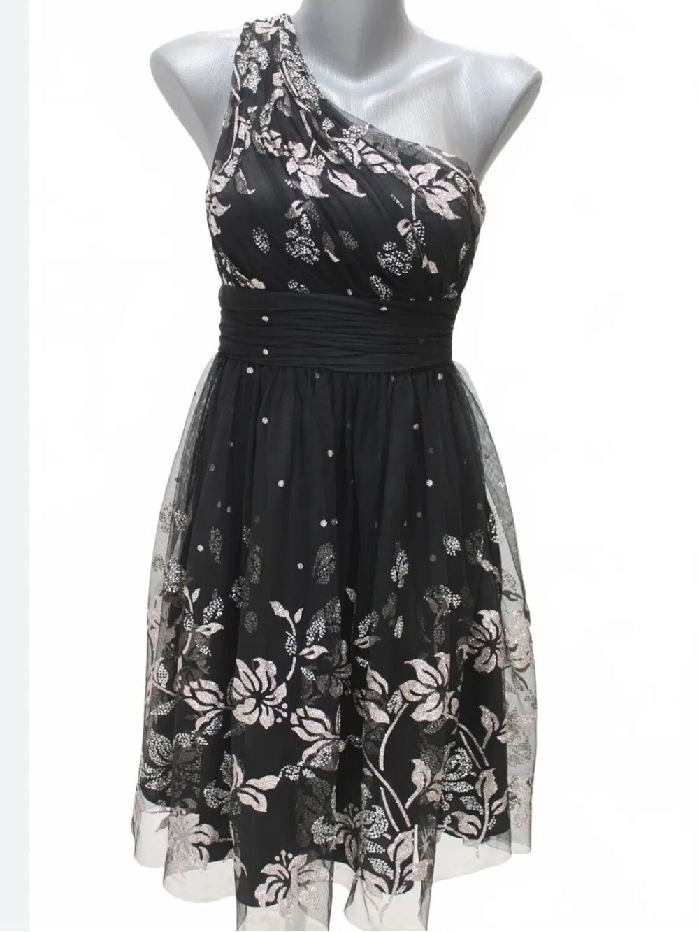 EUC Black silver Fit and Flare one shoulder Cocktail Dress Betsy & Adam 4